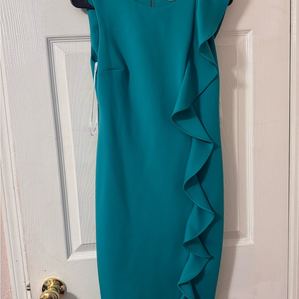 Calvin Klein Green and Blue Asymmetrical Ruffled Sheath Dress